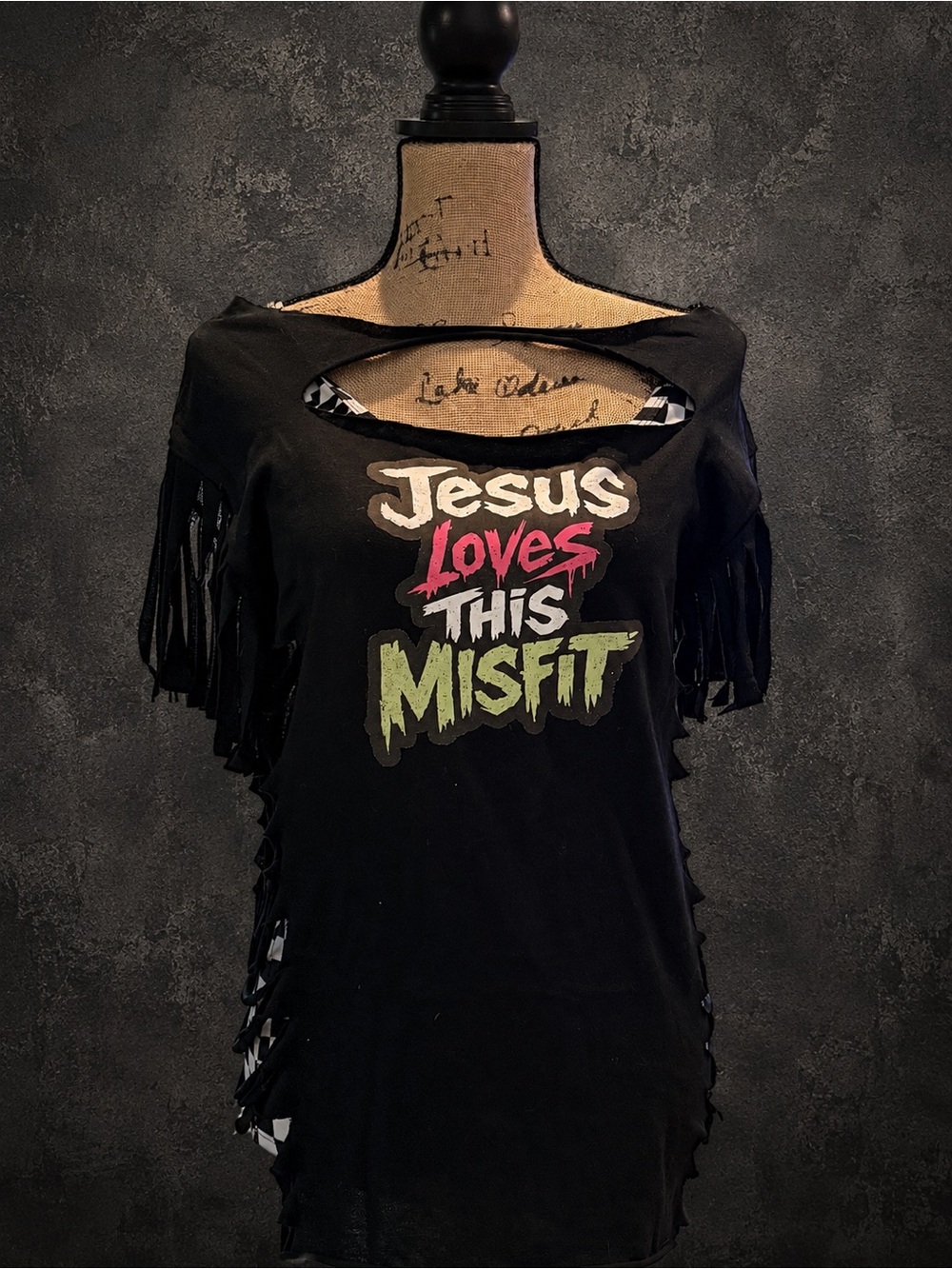 Jesus Loves This Misfit Black Fringe Women's Top